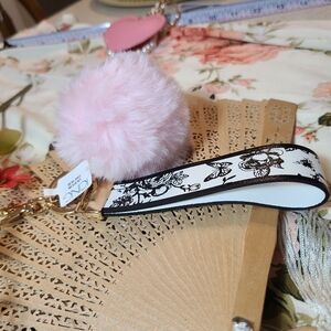 Pink Fluffy Keychain with Black and White Strap Purse Charm Peefect For AnyPurse